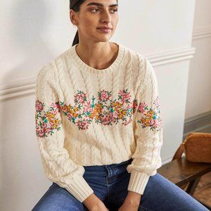Boden sweater Ivory Embroidered Cable Knit Cotton Jumper 4 S SM Small